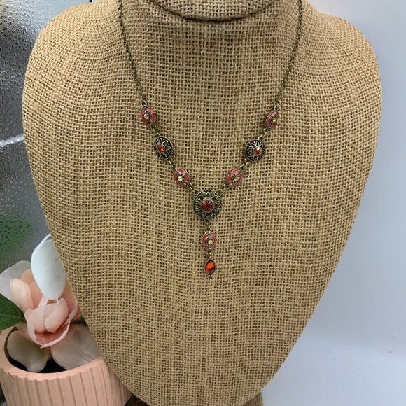 Nina Ricci AVON Vintage Orange Crystal Symmetrical Teardrop Brass Tone Necklace - Picture 2 of 6